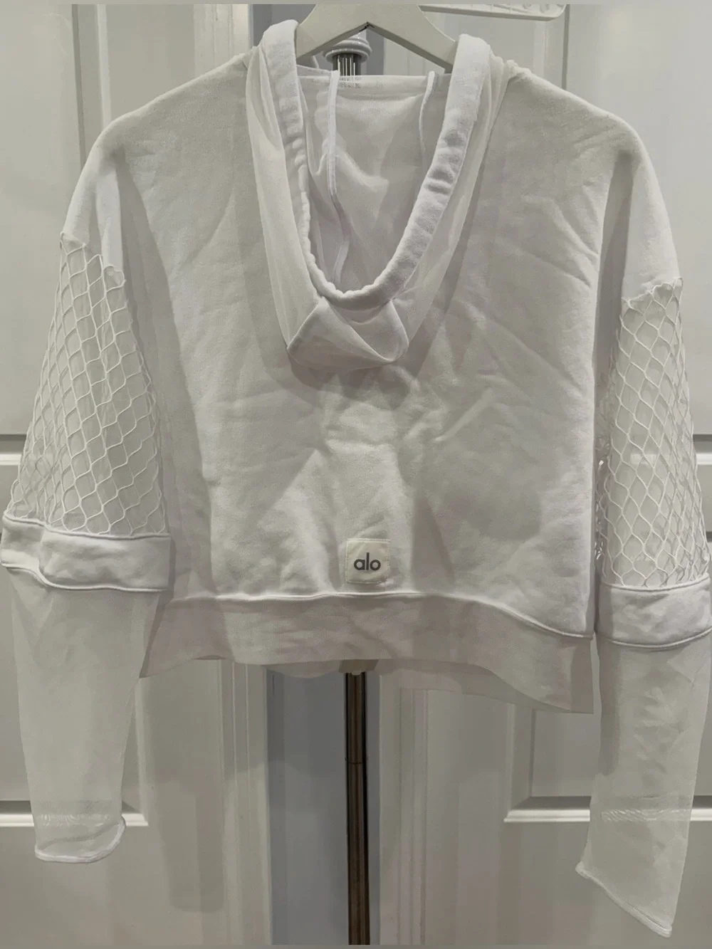 ALO - white Mesh Crop Hoodie front zipper FLAWS SEE!